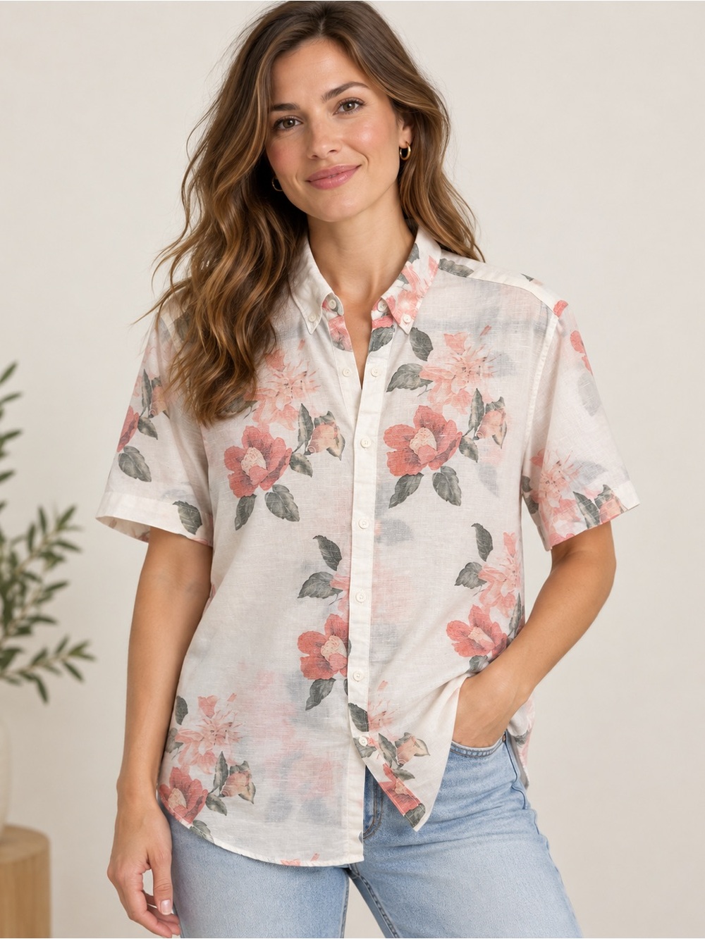 Denim & Flower Floral Linen Blend Button Down Shirt Women’s L